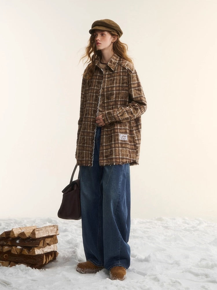 Oversized Lace-Trim Patchwork Plaid Shirt