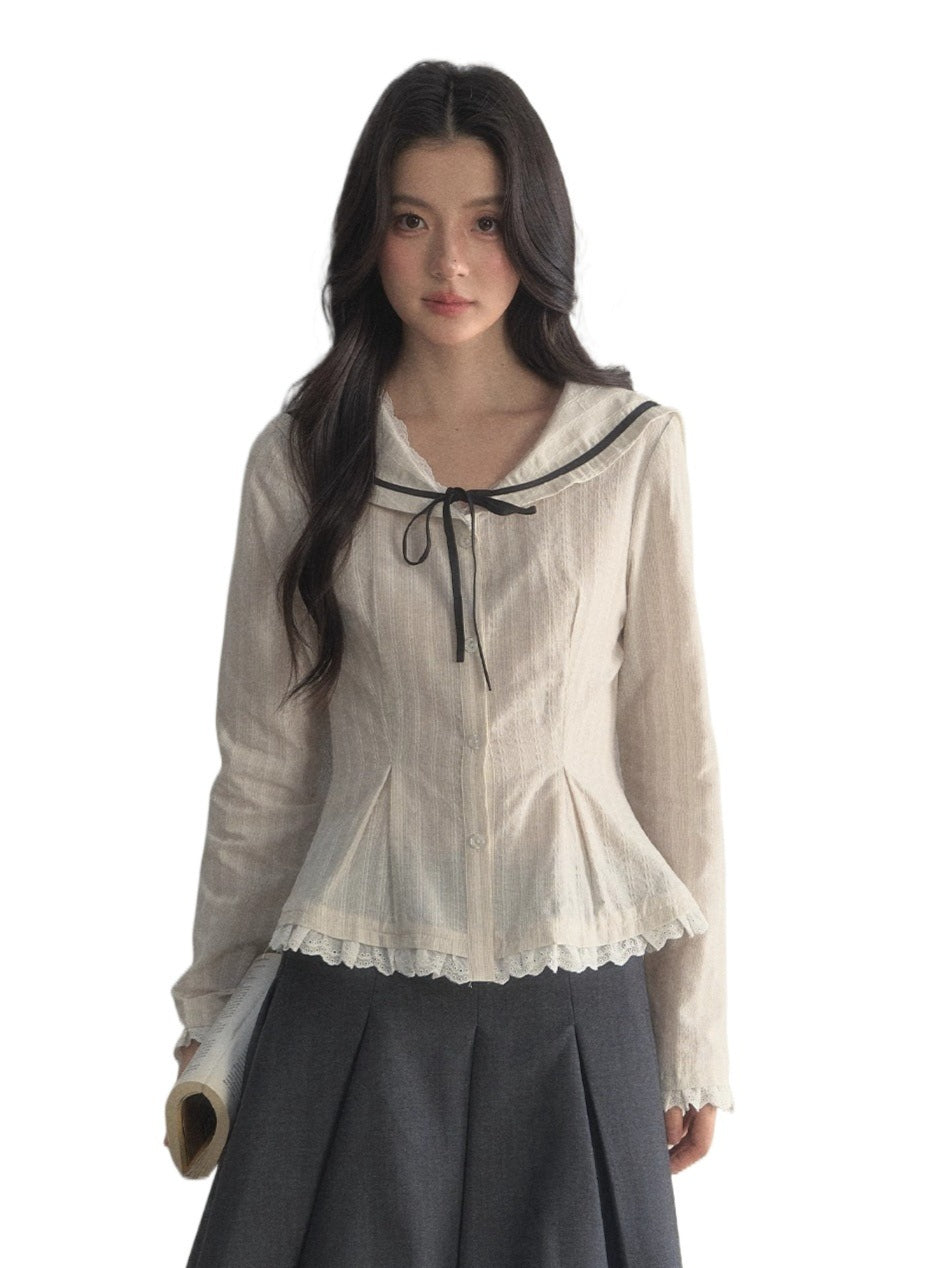 Nautical Texture Beige Fitted Blouse