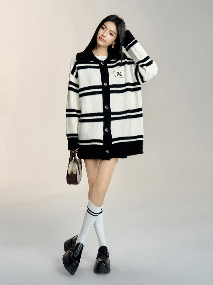 Black &amp; White Striped Oversized Sweater Cardigan