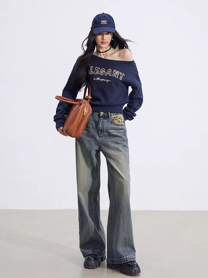 Leopard-Print Panelled Wide-Leg Denim Pants