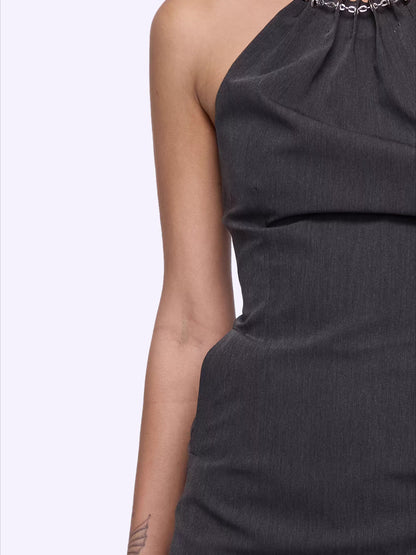 Chain Halter Bubble-Waist Mini Dress