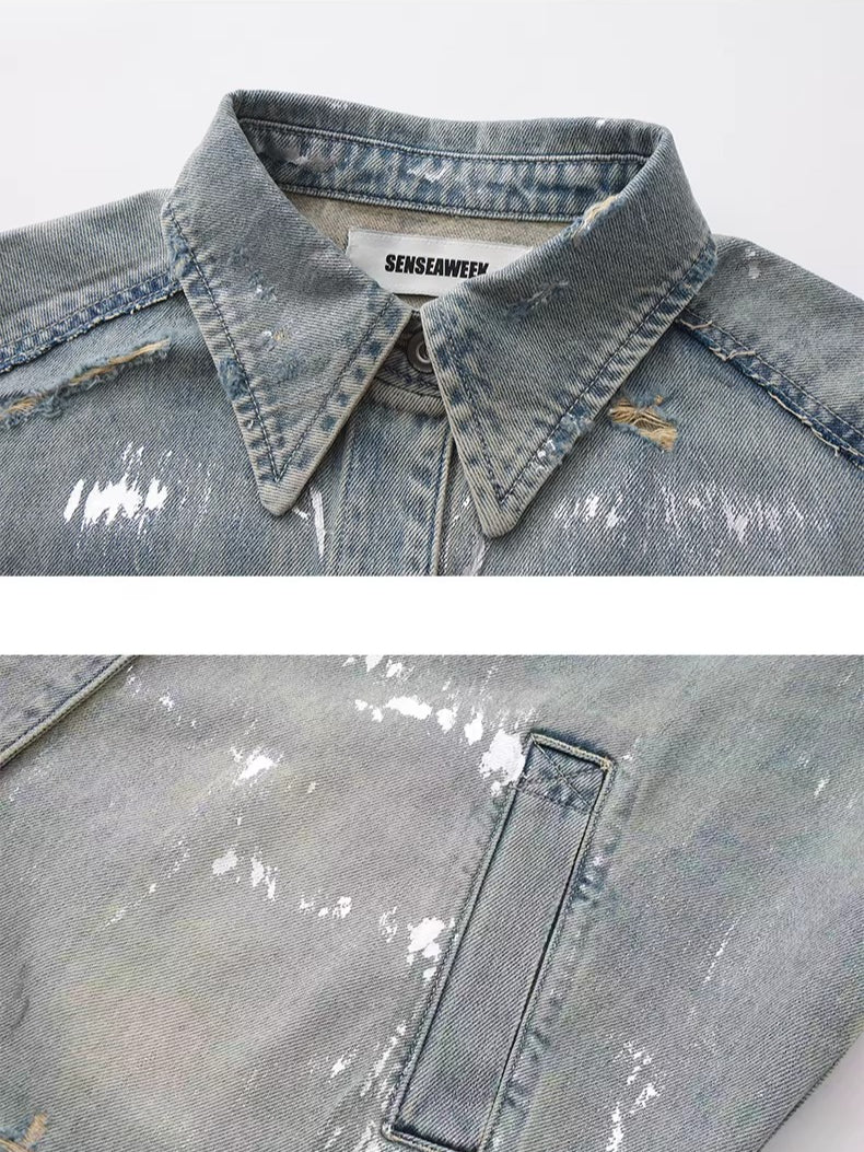 Silver-Foil Raw-Edge Oversized Denim Shirt