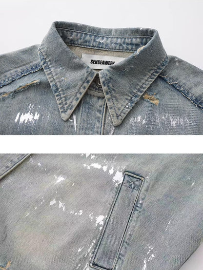 Silver-Foil Raw-Edge Oversized Denim Shirt