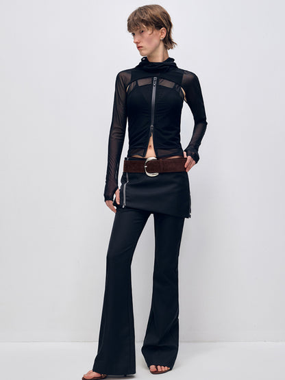 Color Block Asymmetrical Zipper Flared Skirt Pants