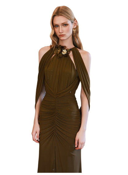 Deva Halter Backless Draped Split Maxi Dress