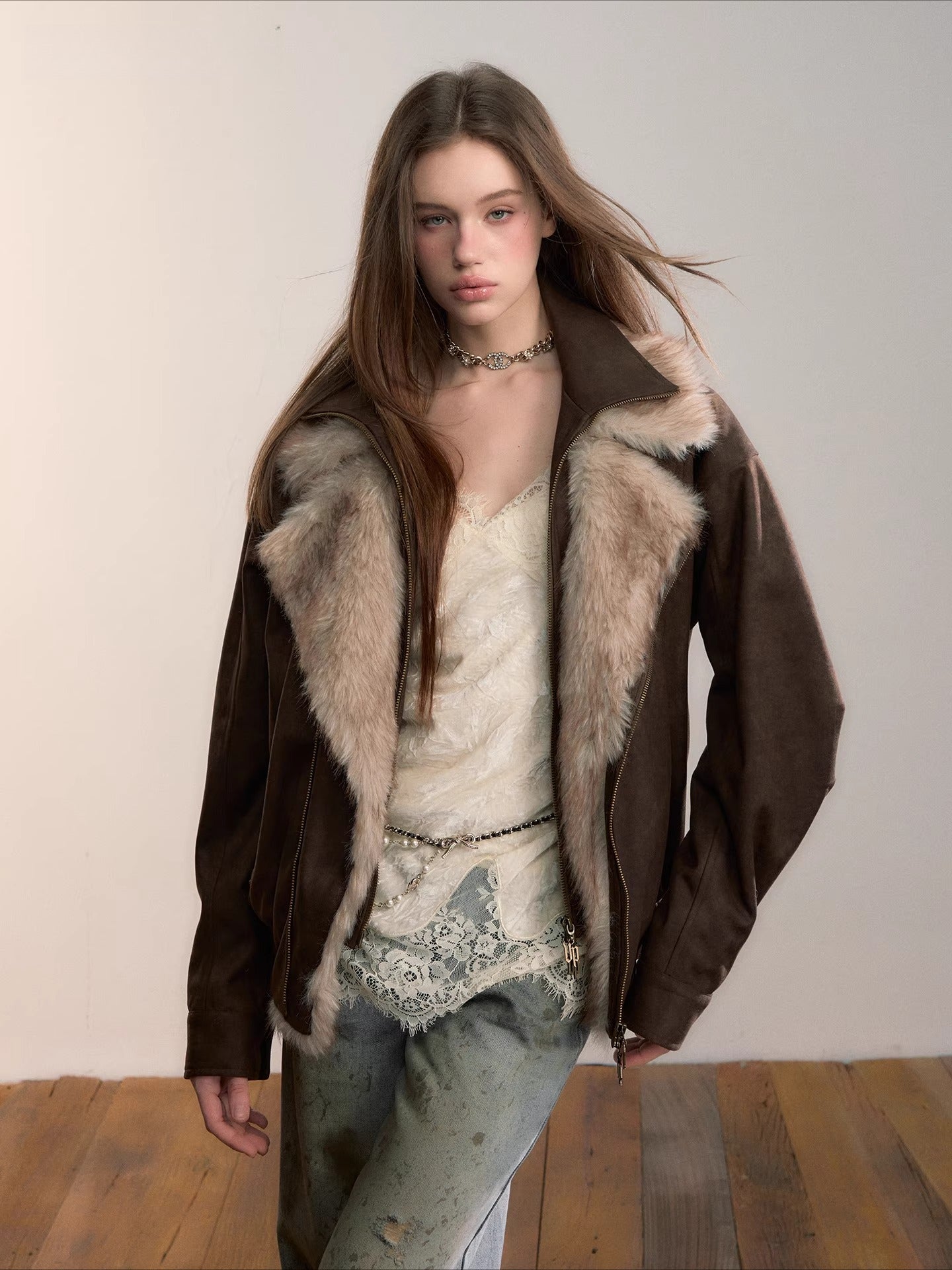 Faux Fur Collar Padded Two-in-One Jacket