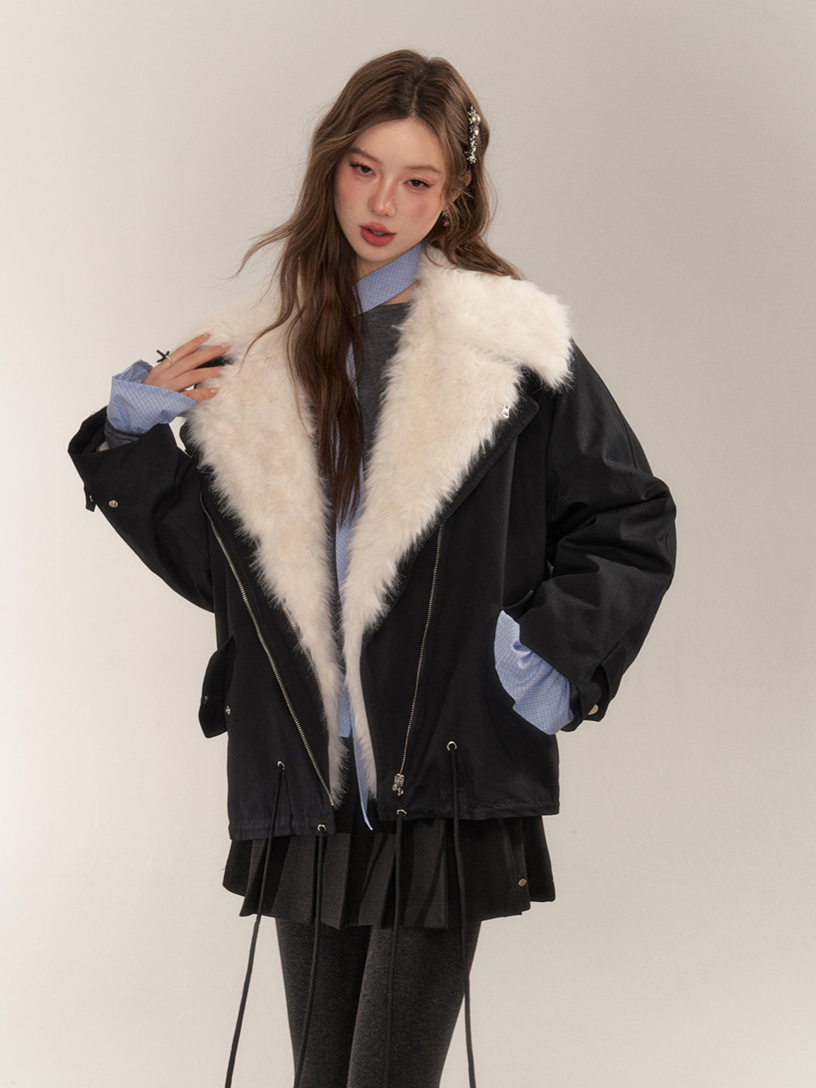 Detachable Fur Collar Parka Coat