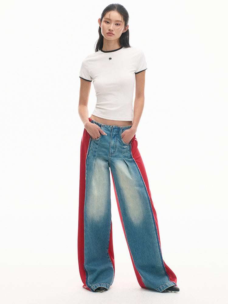 Elastic-Waist Color-Blocked Wide-Leg Pants