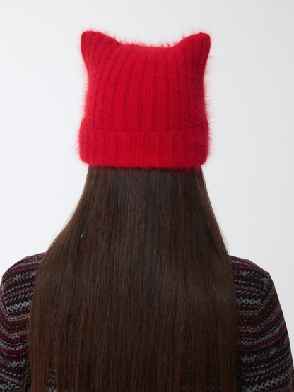 Hand-Stitched Cat-Ear Angora Knit Beanie