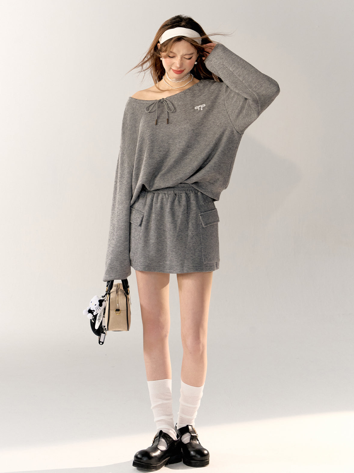 Asymmetric Embroidered Bow Sweatshirt &amp; Skirt Set