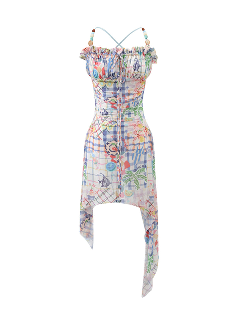 Elastic Mesh Printed Beaded Dress