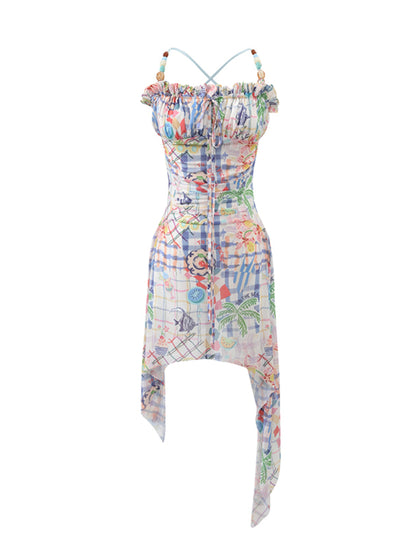 Elastic Mesh Printed Beaded Dress