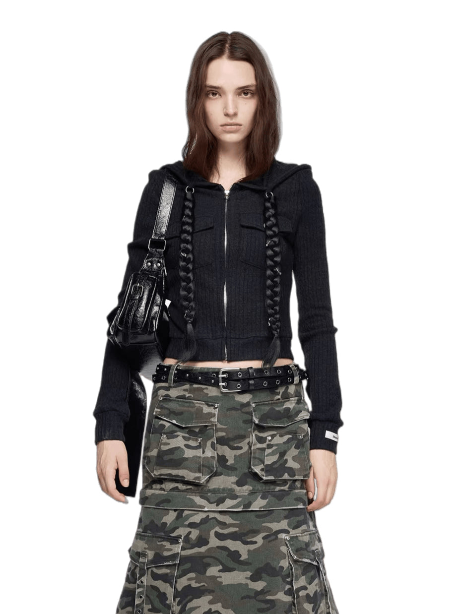 Detachable Braid-Detail Slim Knit Cardigan