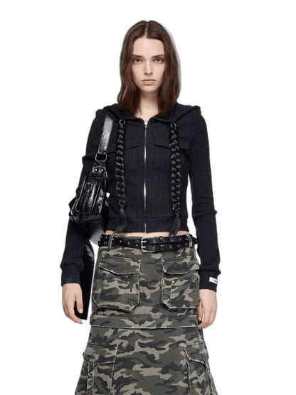 Detachable Braid-Detail Slim Knit Cardigan