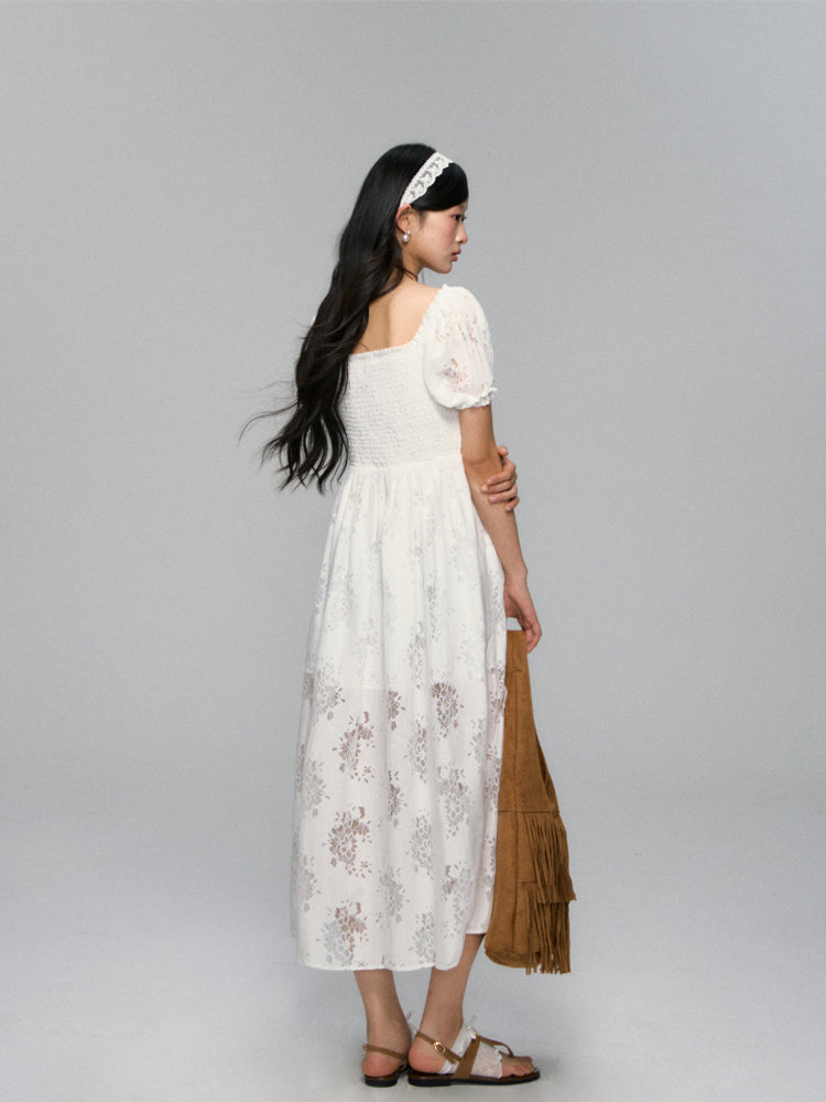 Puff-Sleeve Flower Hollowed Dress
