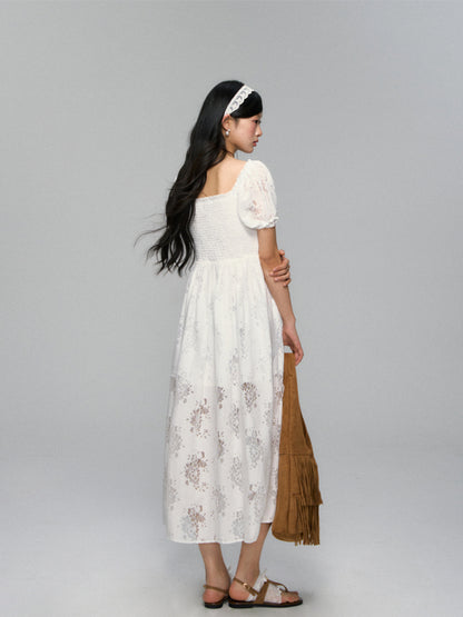Puff-Sleeve Flower Hollowed Dress