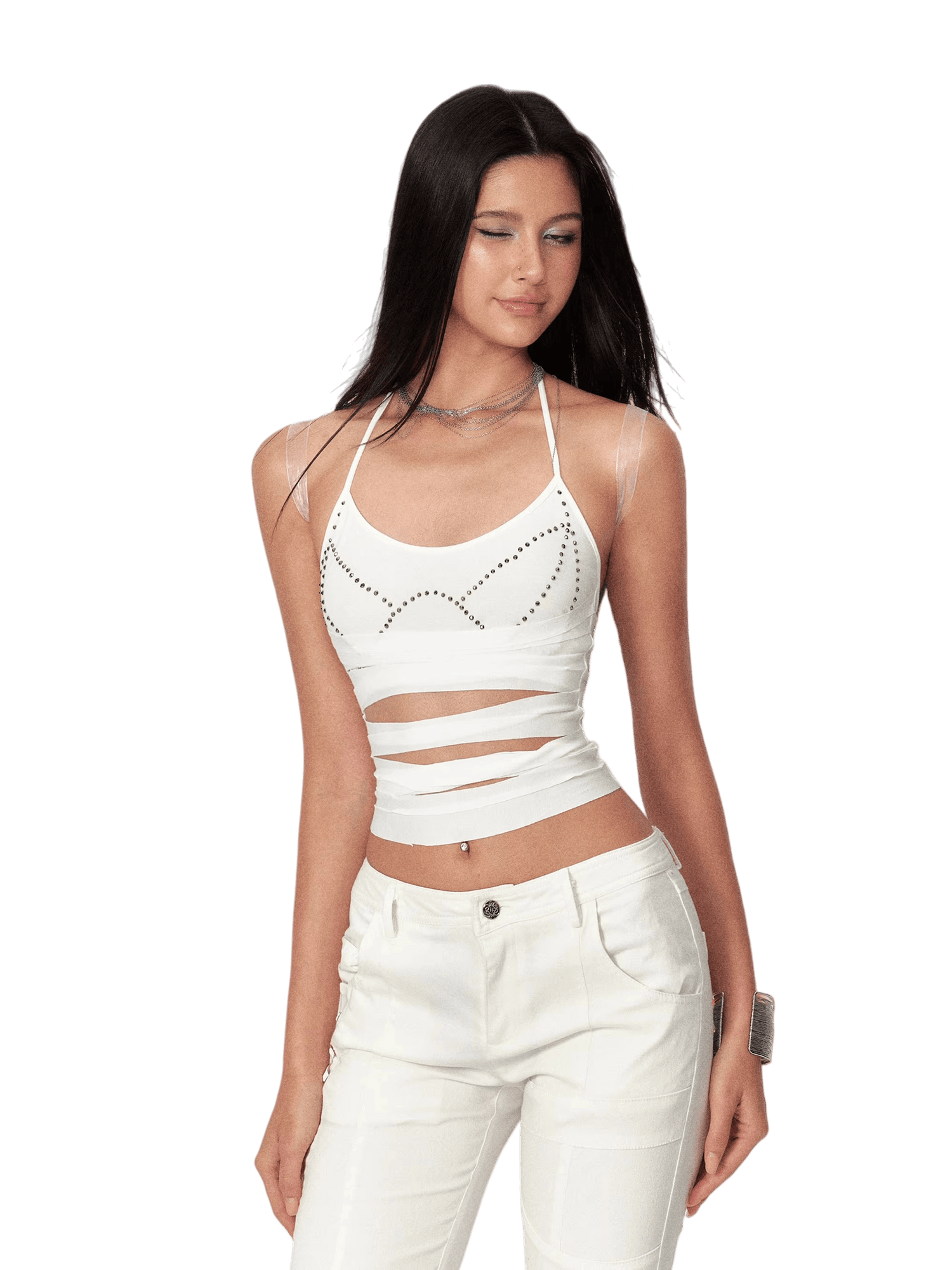 Cotton Cut-Out Rhinestone Halter Knit Cami Top