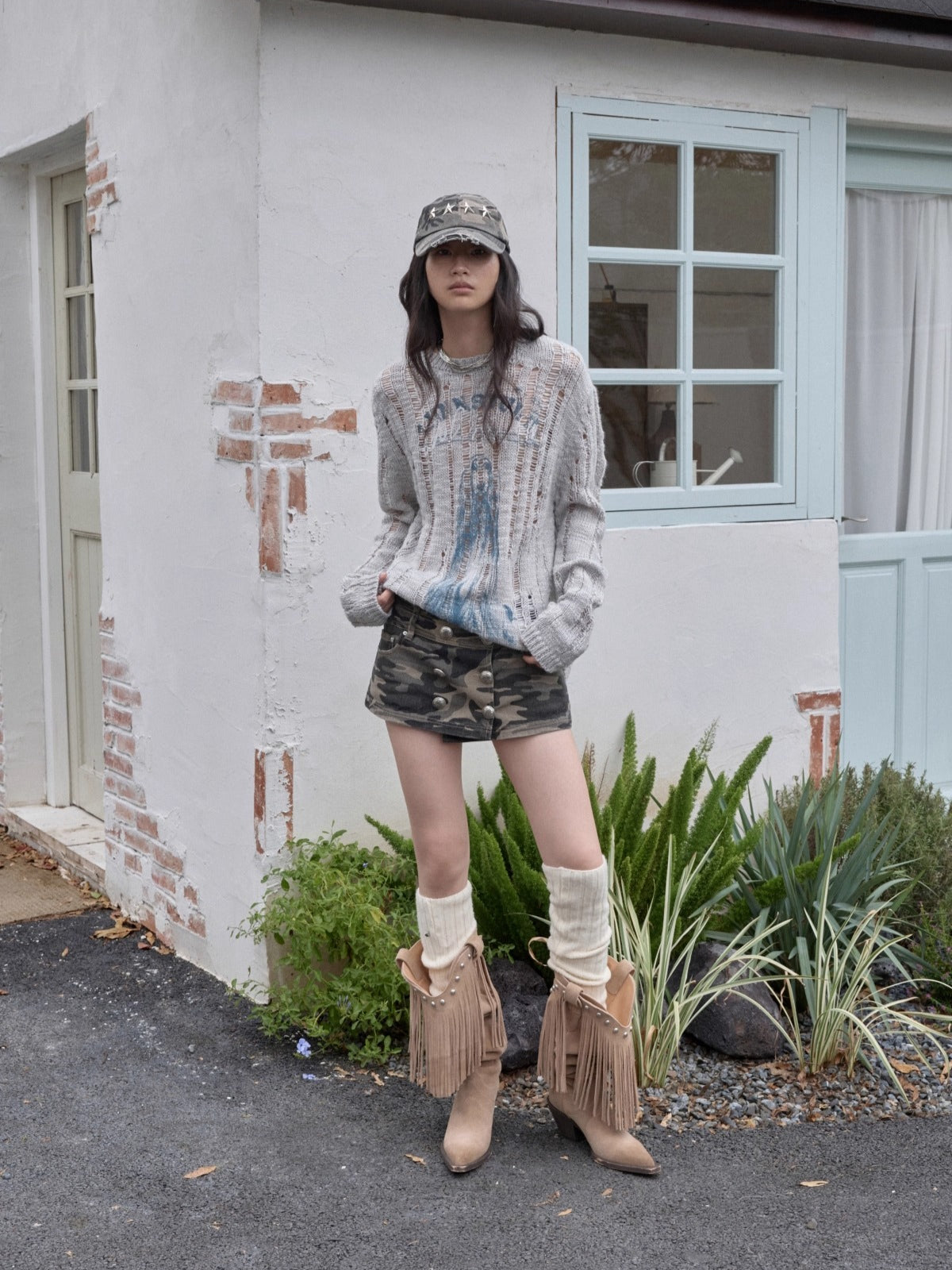 Washed Camo Double-Breasted Canvas Skort