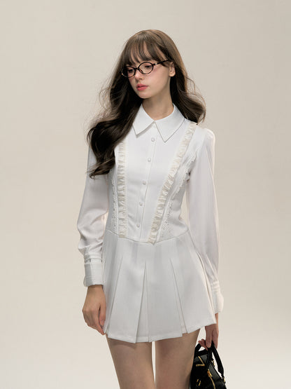 Off-white Pleated Shirt Collar Dress