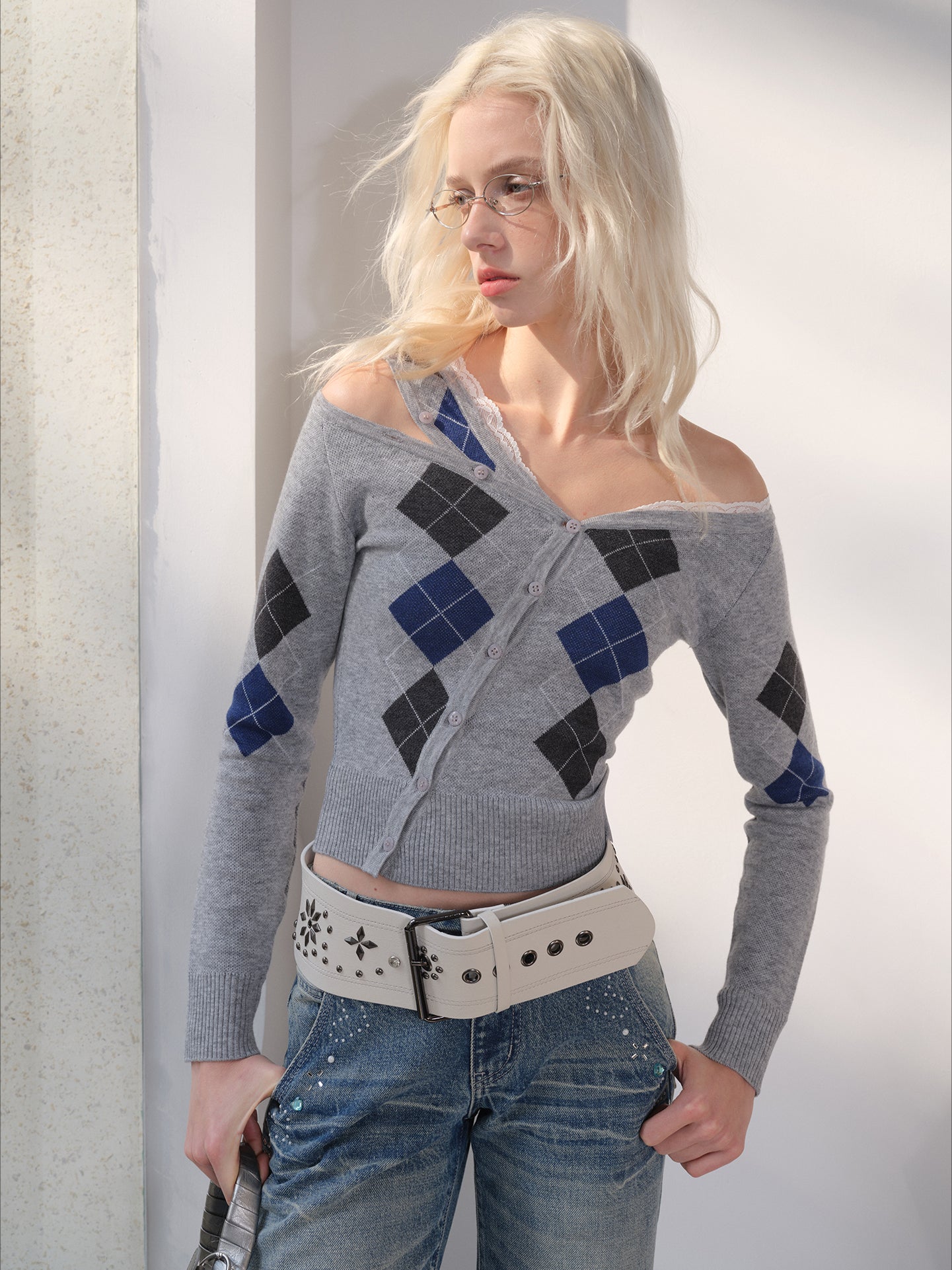 Wool-Blend Argyle Lace Off-Shoulder Knit Cardigan