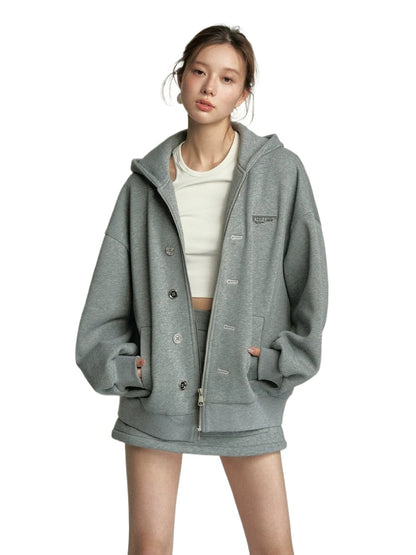 Grey Button-Up Hooded Sweatshirt