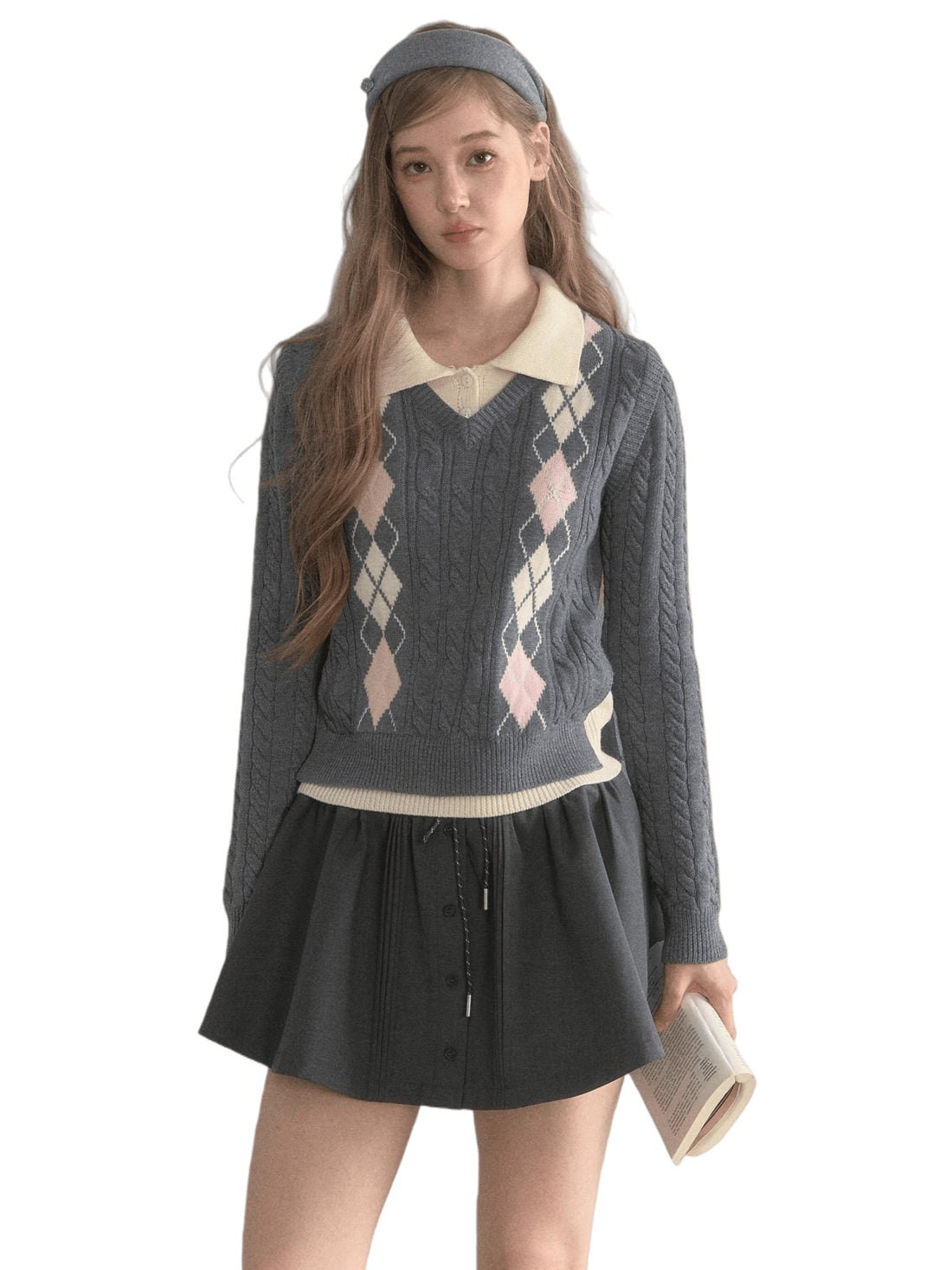 Vintage Argyle Cable Knit Layered Sweater