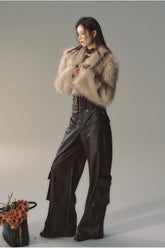 Brown & Black Rivet Wide-Leg Leather Pants - CHINASQUAD