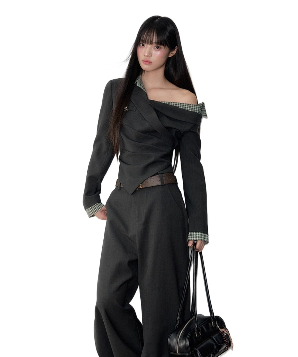 Asymmetric Shoulder Suit Blouse