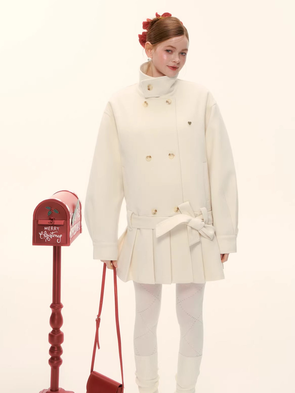 Pleated-Edge Down Wool-Blend Coat