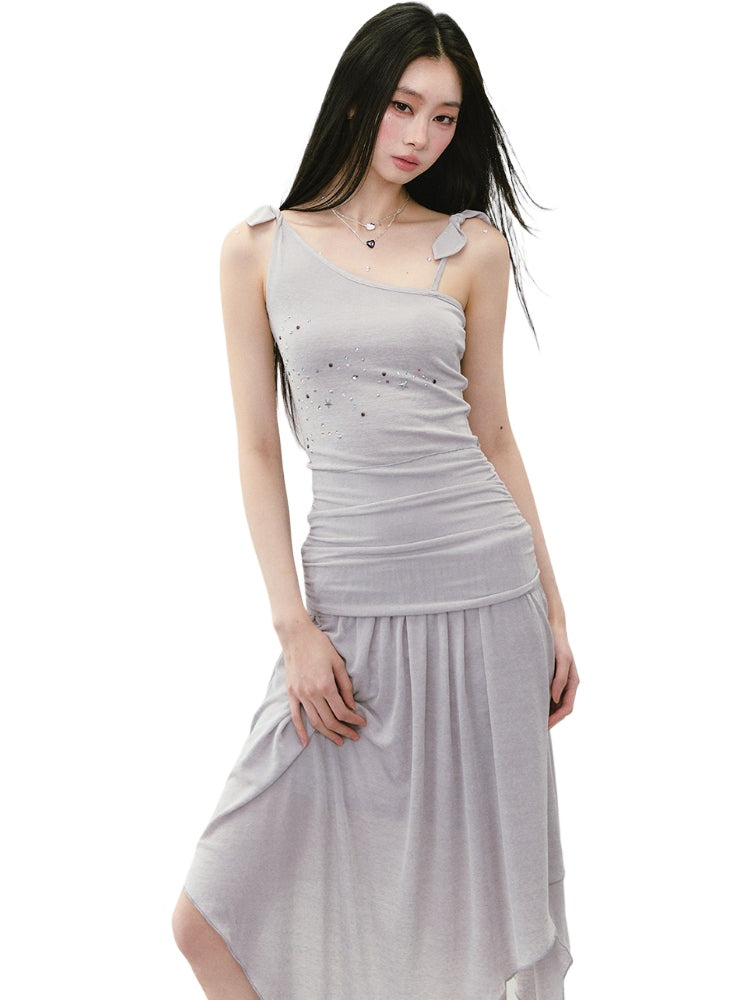 Beaded Strappy Asymmetric Dress - CHINASQUAD