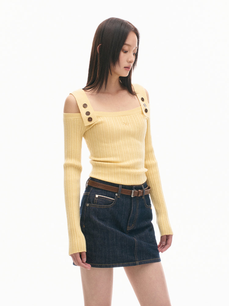 Casual Off-Shoulder Slim-Fit Wool Long-Sleeve Top