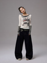 Striped Fake Two-Piece Graffiti Printed T-shirt - CHINASQUAD