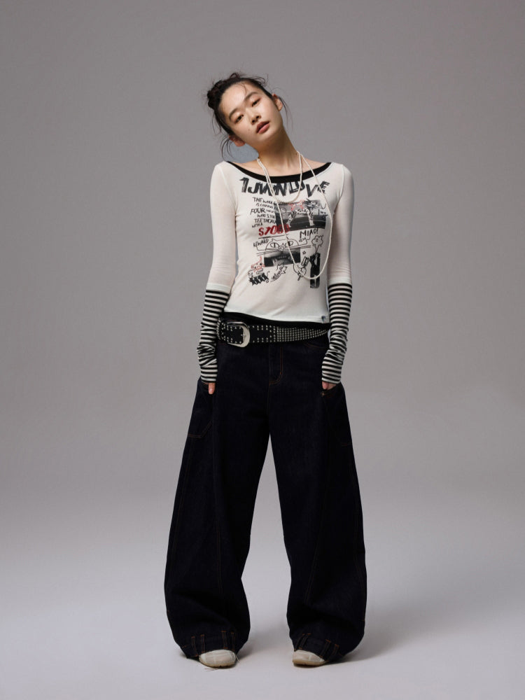 Striped Fake Two-Piece Graffiti Printed T-shirt - CHINASQUAD