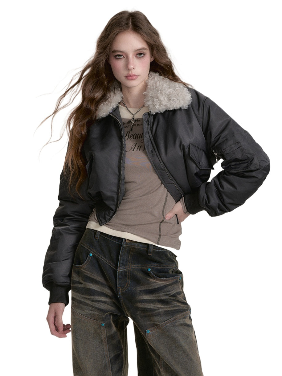 Design Short Aviator Cotton Jacket with Furry Collar