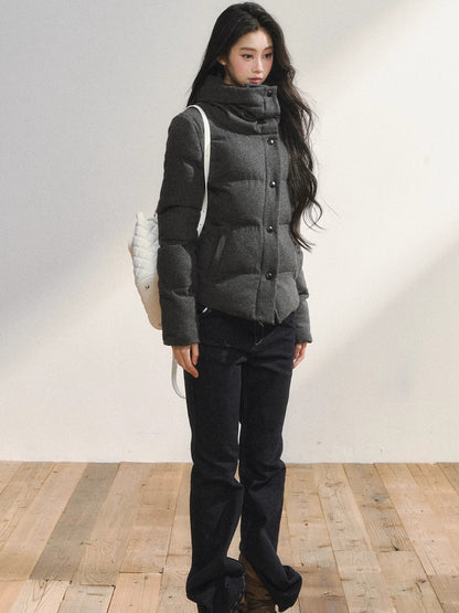 Gray Wool-Blend Quilted Short Puffer Jacket