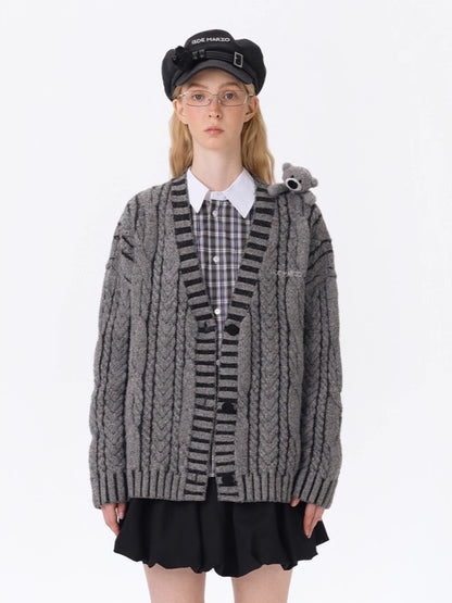 Twist-Knit Unisex V-Neck Cardigan