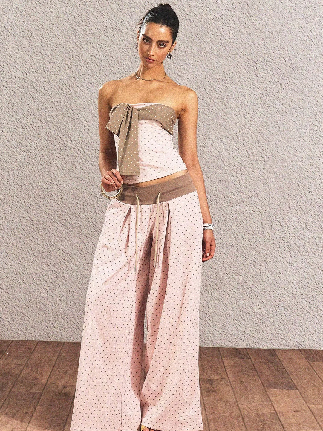 Polka-Dot Bandeau Top &amp; Straight-Leg Pants Set