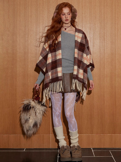 Vintage Plaid Fringe Shawl Scarf