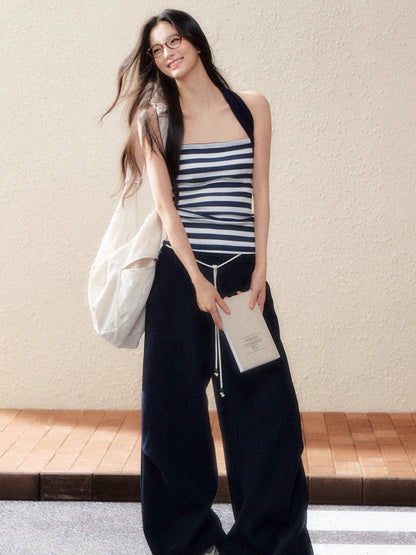 Striped Corset Tube Top &amp; Sheer Pullpver Set - CHINASQUAD