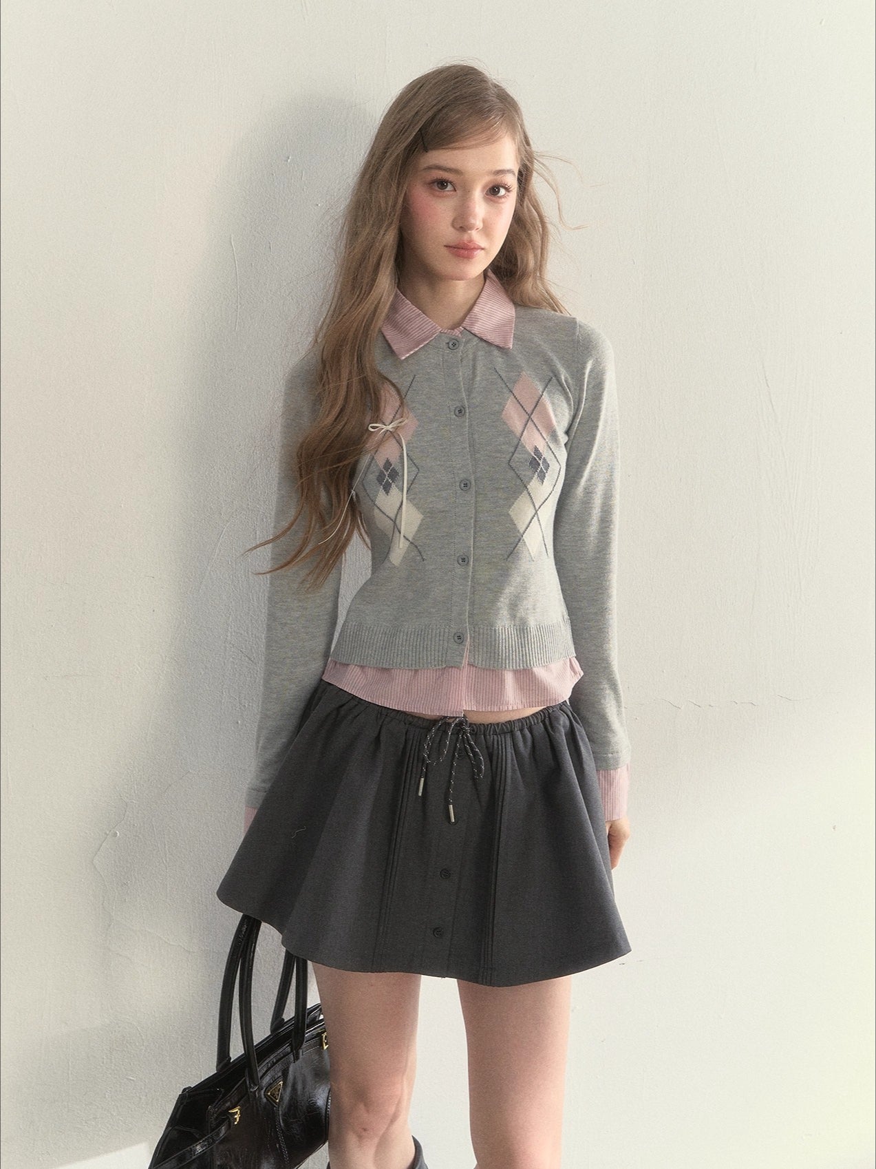 Layered Argyle Shirt Collar Knit Cardigan