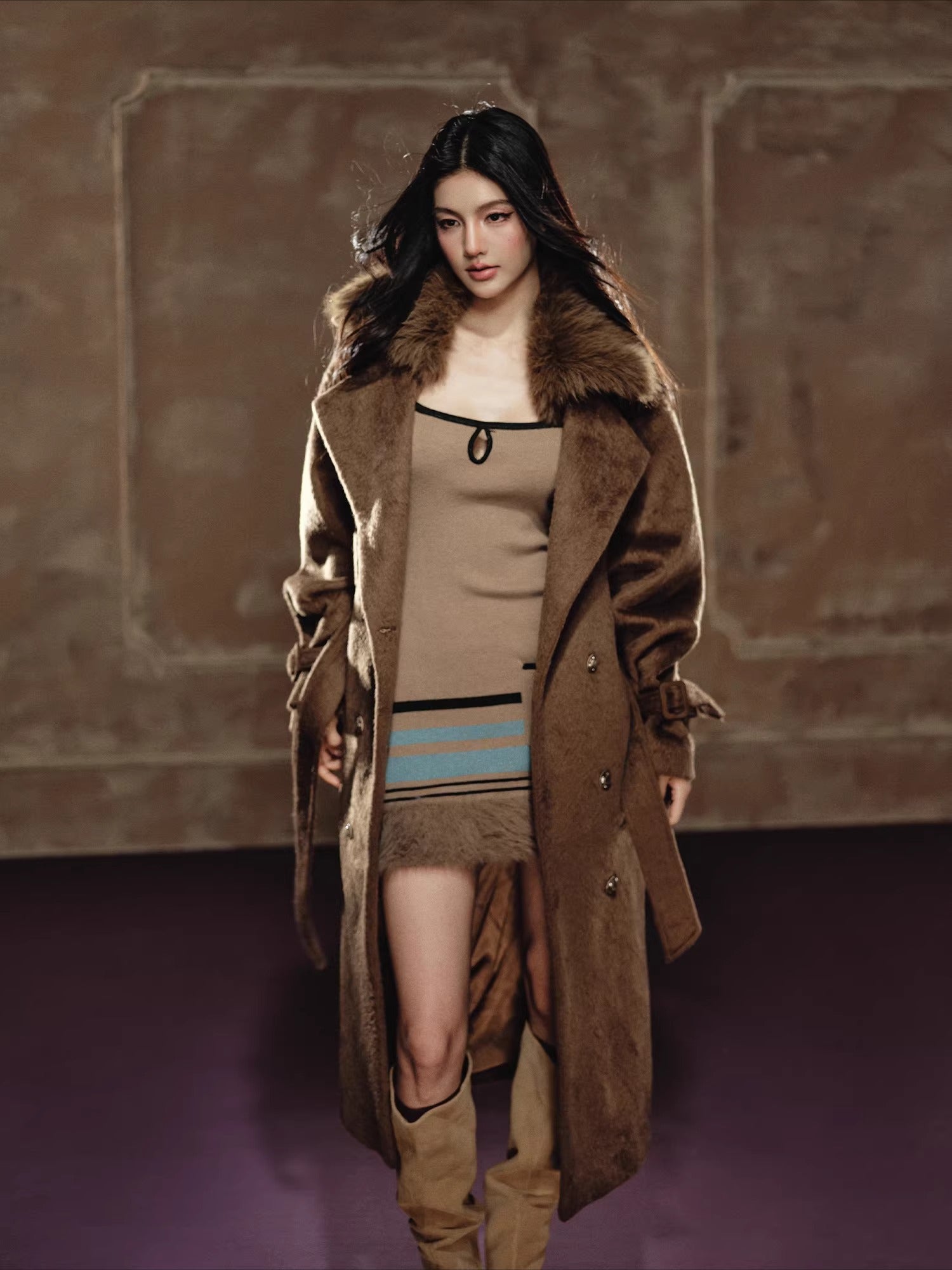 Wool-Blend Long Coat &amp; Striped Slip Dress Set