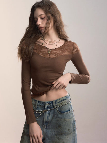 Lace-Trimmed Rib Knit V-Neck Knitwear