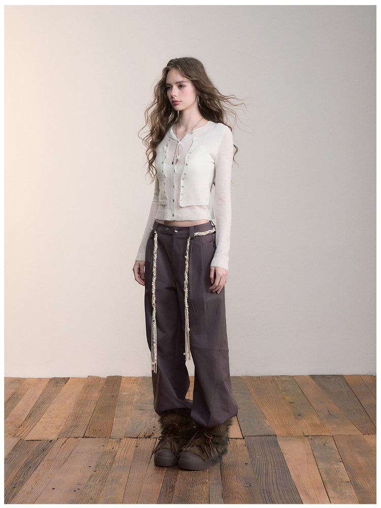 Pleated Double-Button Straight Wide-Leg Pants