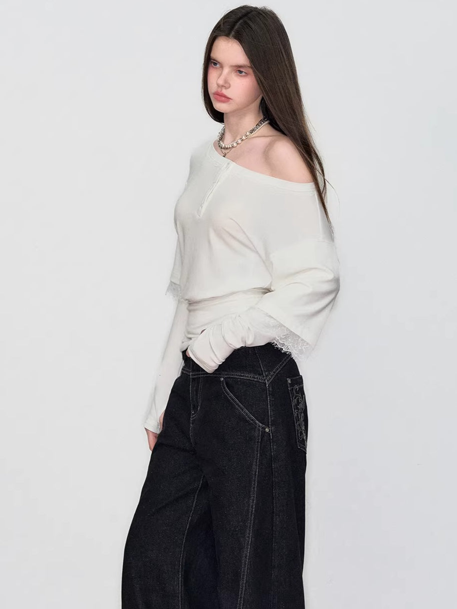 Asymmetric Lace-Panel Faux Layered T-Shirt