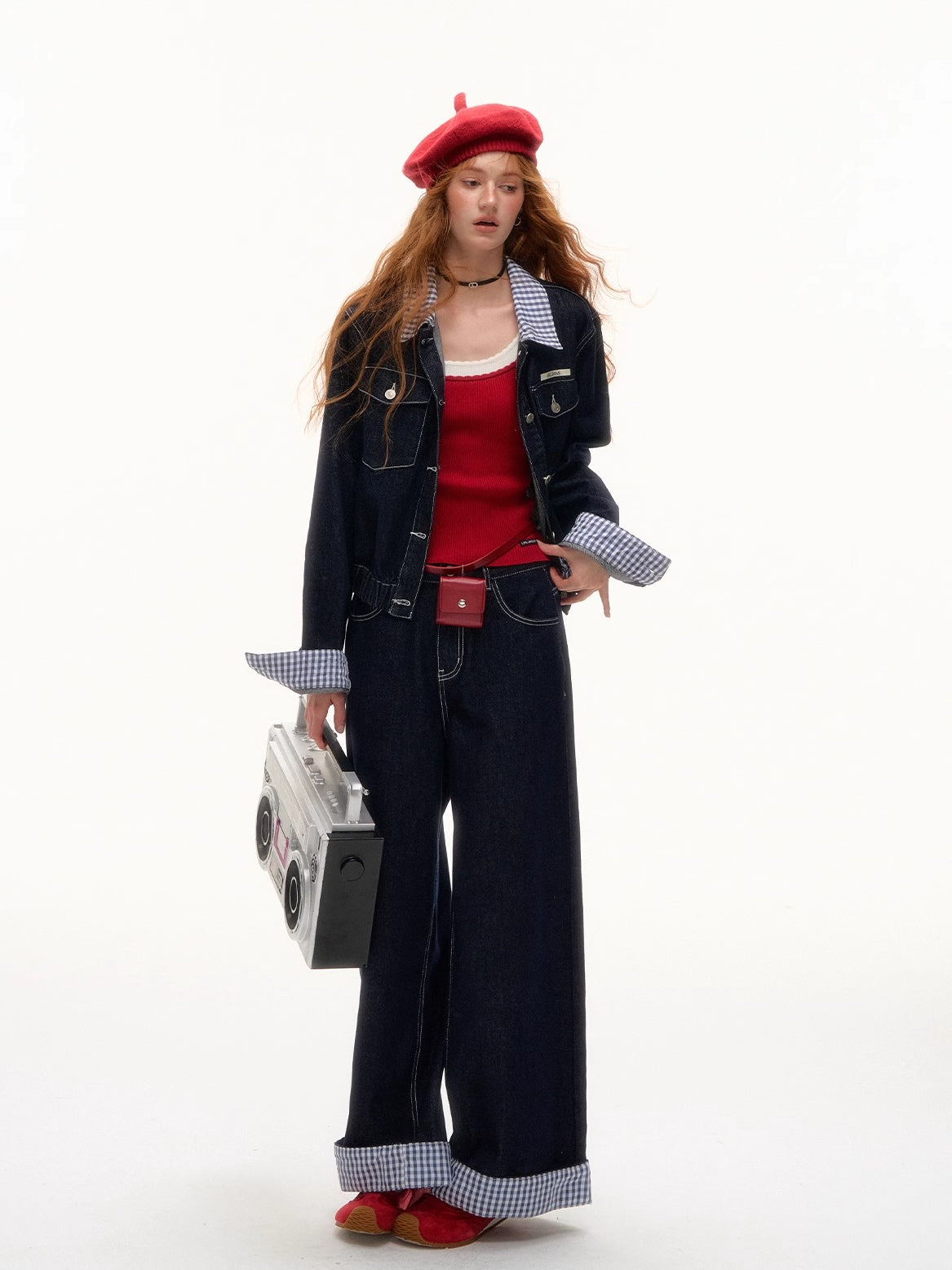 Retro Plaid Stitch Denim Jacket