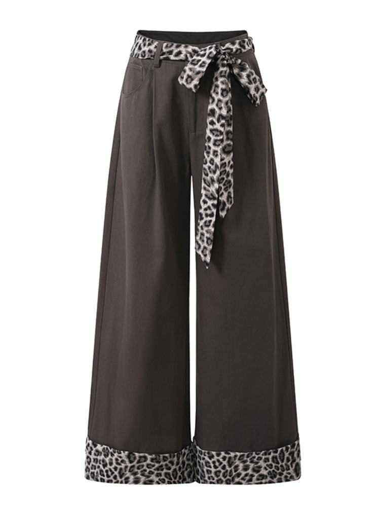 Leopard Print Cuff Casual Wide-Leg Pants