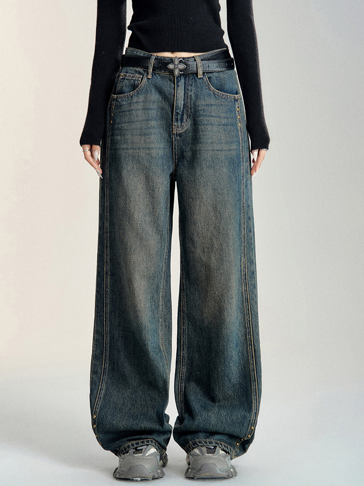 Vintage Blue Wide-leg Distressed Denim Pants