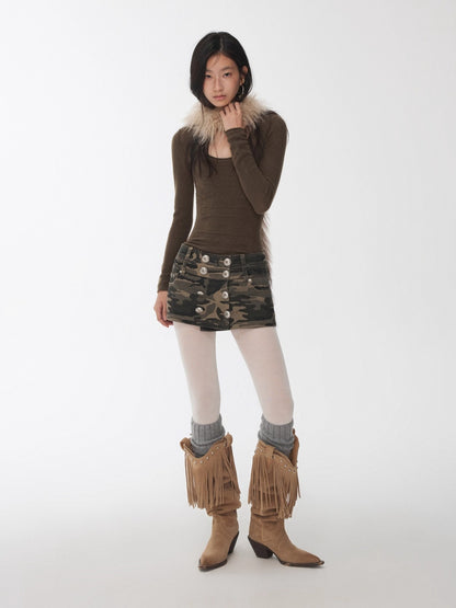 Washed Camo Double-Breasted Canvas Skort