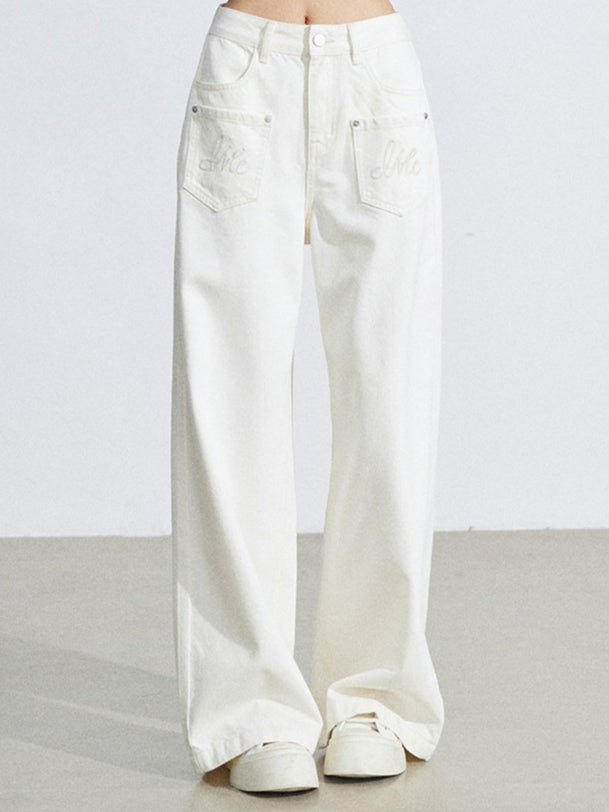 Embroidered Pocket Wide-Leg Denim Jeans