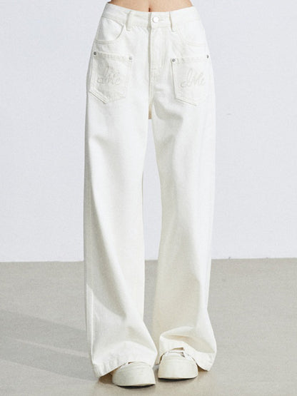 Embroidered Pocket Wide-Leg Denim Jeans